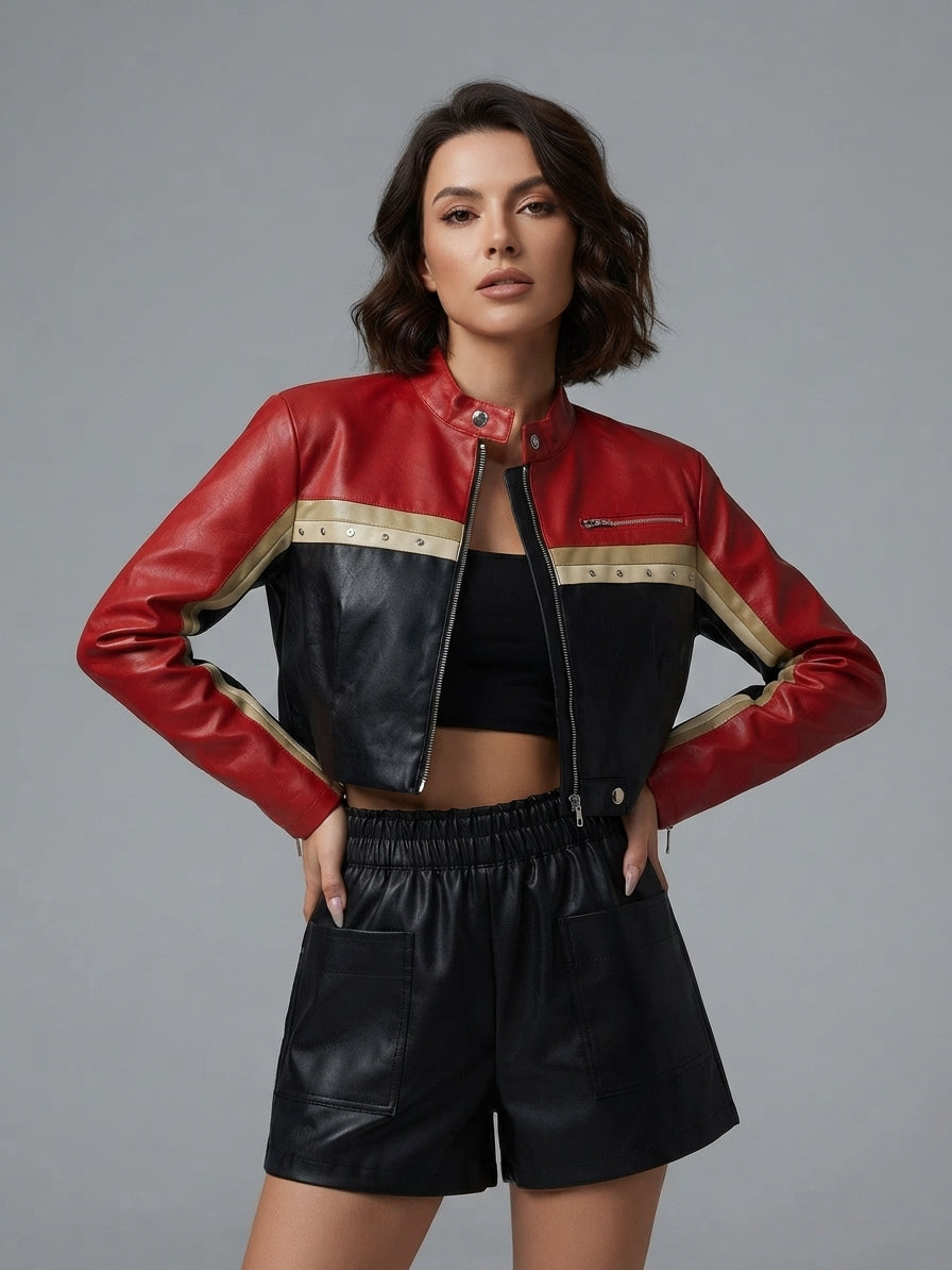 Women PU Leather Color-Blocking Waist-Exposing Biker Jacket 2