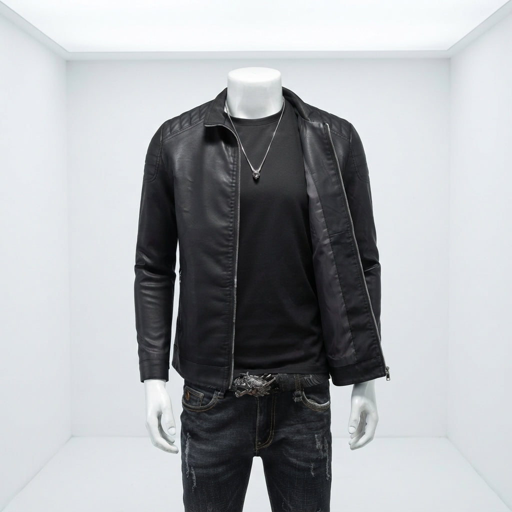 Mens PU Leather Jacket Stand Collar Slim Fit Coat 2