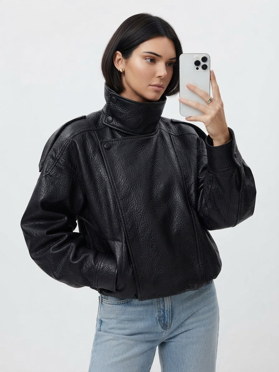Womens Loose Fit PU Leather Jacket 7