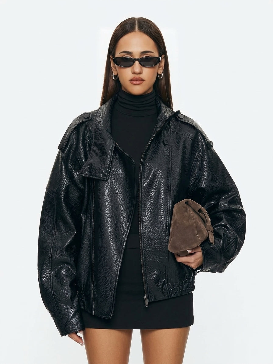 Womens Loose Fit PU Leather Jacket 4