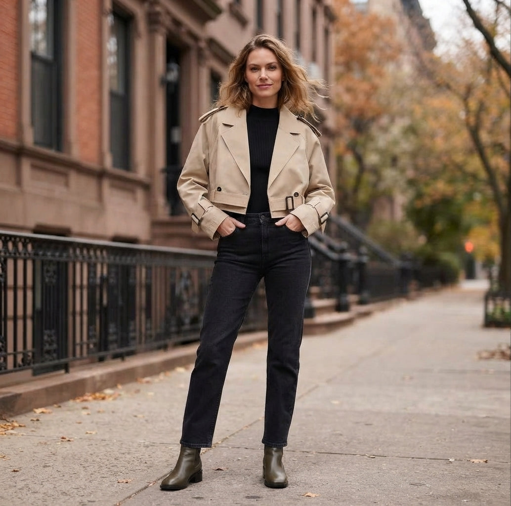 Chic Vintage | Womens Frayed Edge Cropped Trench Coat with Belted Design | Stylish Spring Outerwear for Effortless Fashion 2