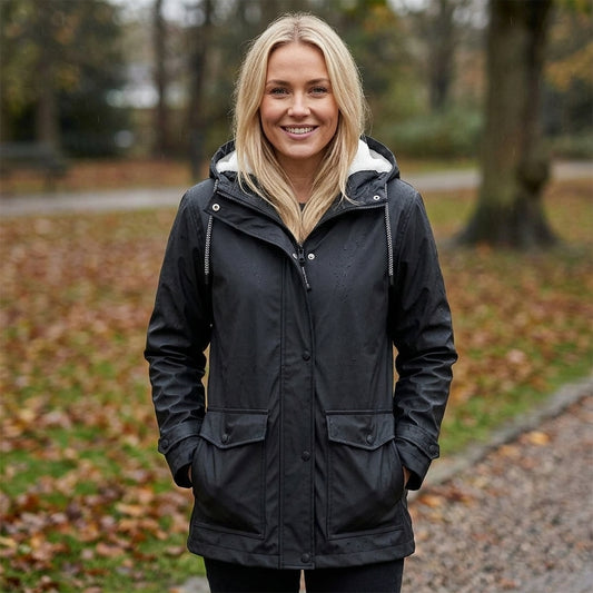 A smiling blonde woman wearing a black hooded rain jacket with a white inner hood lining, standing outdoors on a path with fallen leaves and trees in the background.