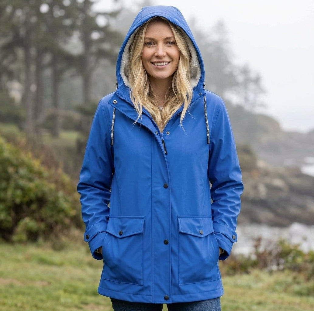 A woman wearing a bright blue hooded raincoat stands outdoors with a blurred coastal landscape in the background.