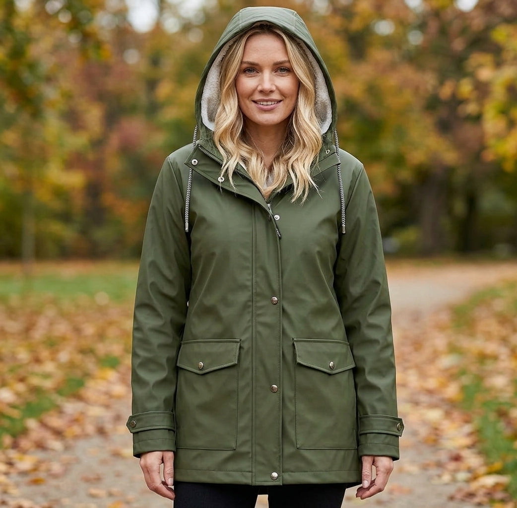 A woman wearing an olive green hooded raincoat with a light beige fleece lining, standing on a path covered with fallen leaves in an autumn park.