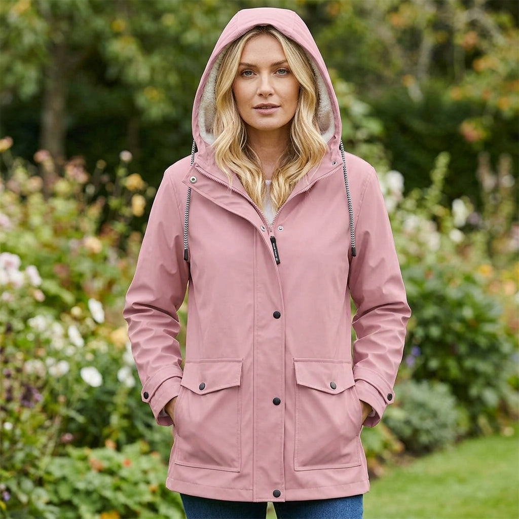 A woman wearing a dusty pink hooded raincoat with a fleece-lined hood and front button closure, standing in a garden setting.