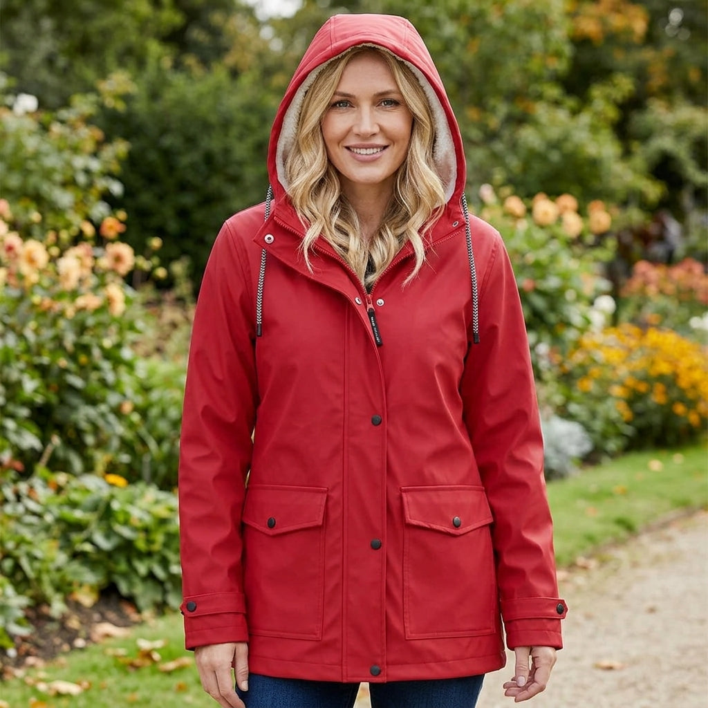 A woman wearing a bright red hooded raincoat with a soft light gray lining, standing in a garden with green foliage and flowers in the background.