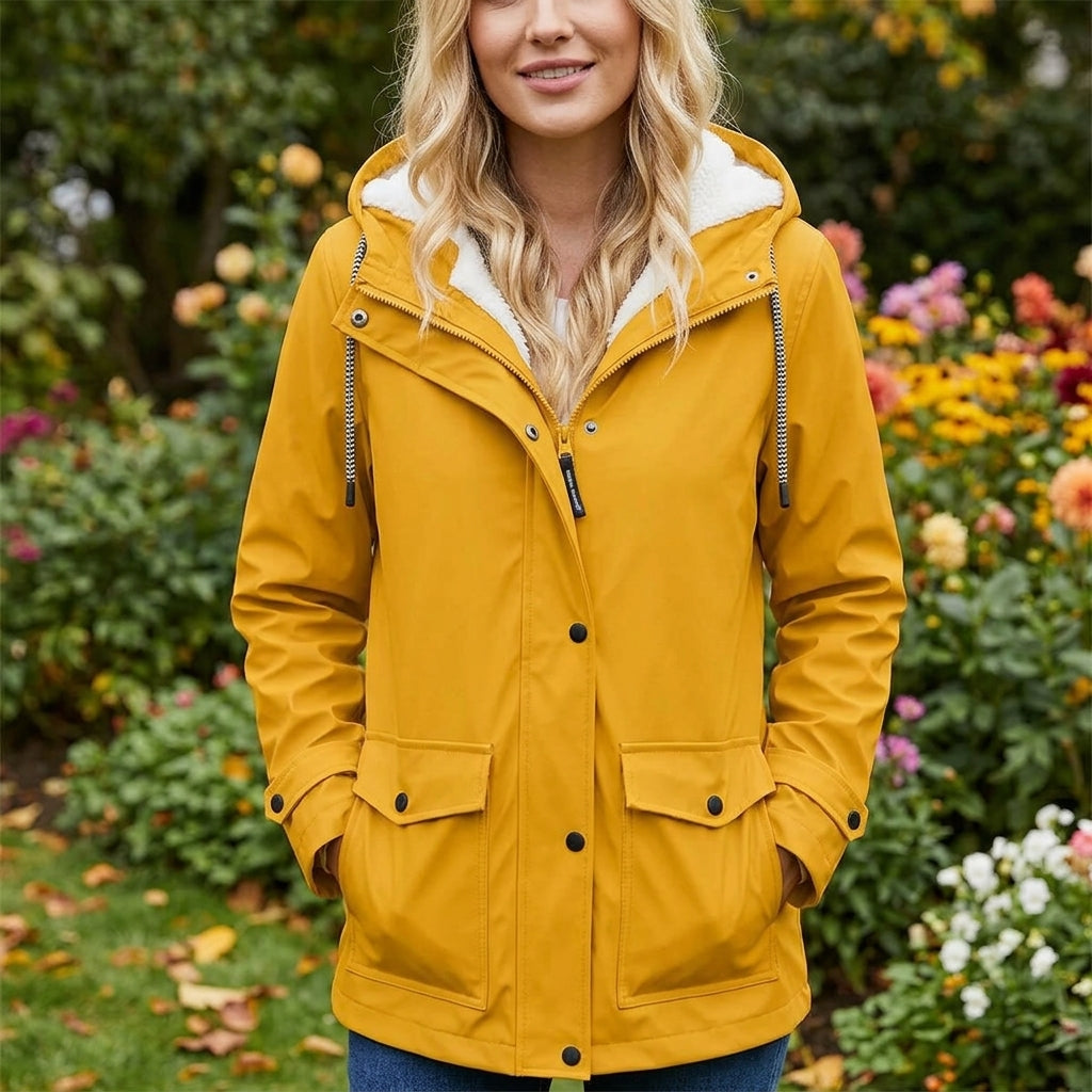 A woman wearing a mustard yellow hooded rain jacket with a white sherpa lining, standing in a garden with colorful flowers in the background.