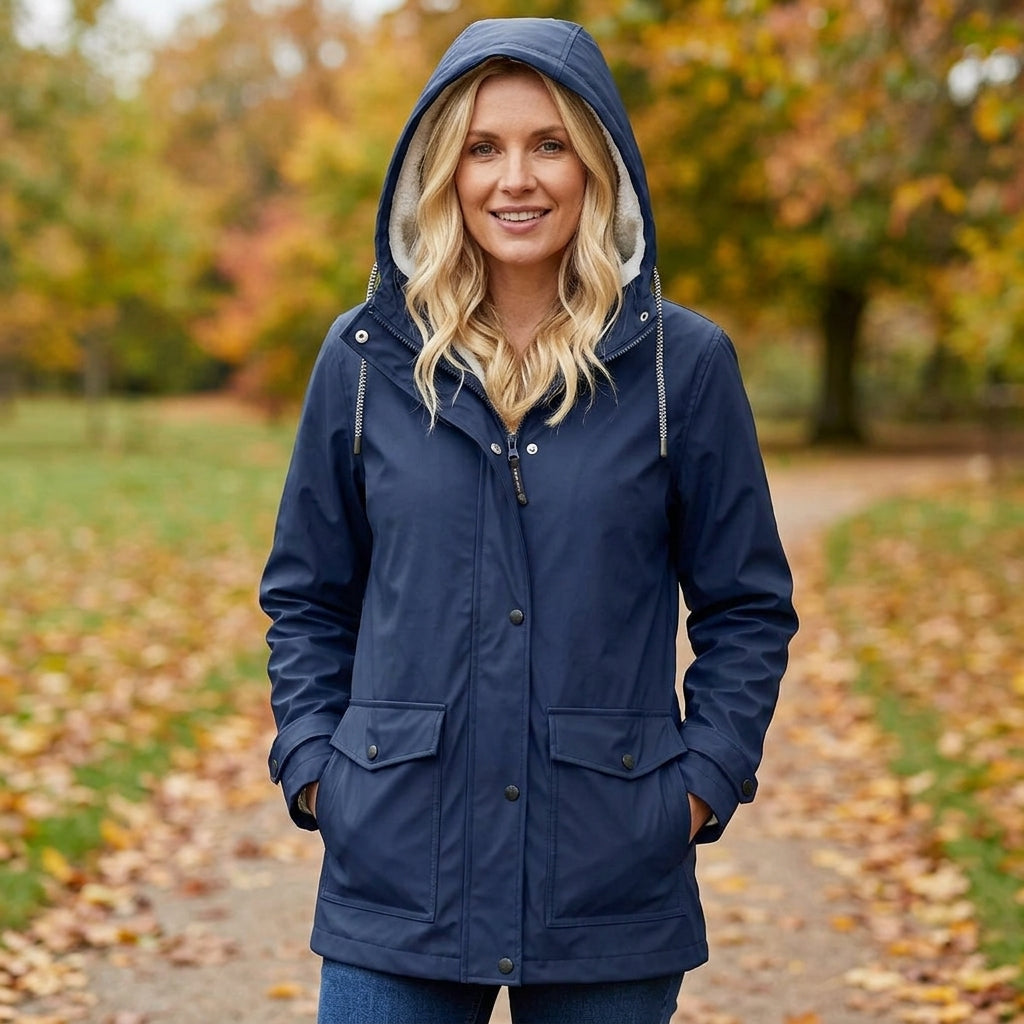 A woman wearing a navy blue hooded raincoat stands on a path outdoors with autumn trees and fallen leaves in the background.