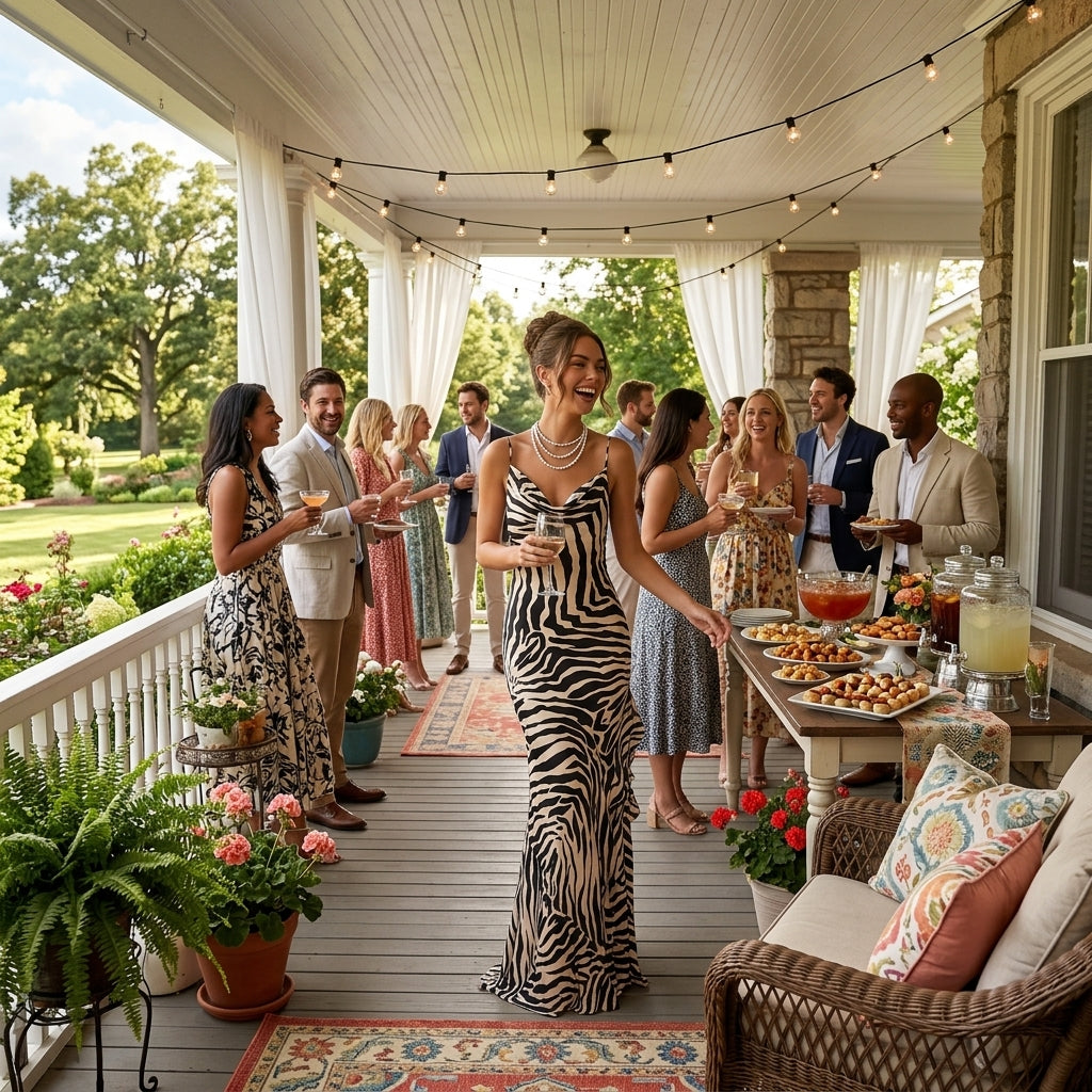 A woman in a black and white zebra-print sleeveless gown stands on a covered porch hosting a social gathering with guests, tables of food, and potted plants.