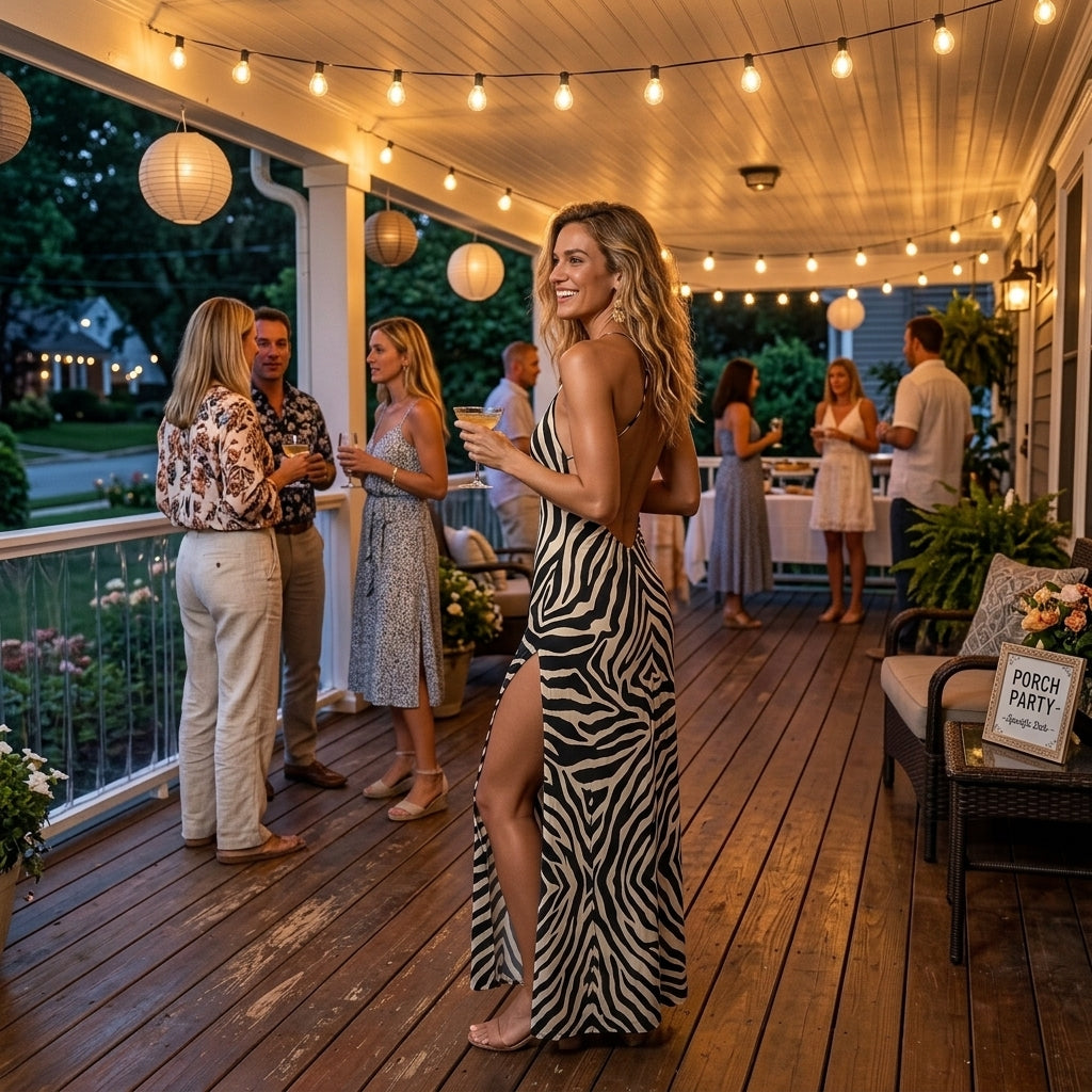 A woman in a black and white zebra-print backless maxi dress with a thigh-high slit stands on a wooden porch at a nighttime party. The scene features warm string lights, paper lanterns, and other guests mingling in the background.