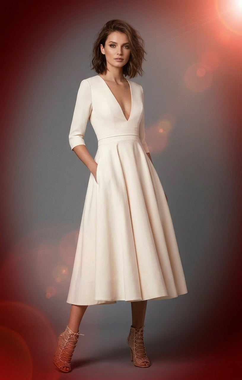 A woman models a cream-colored midi dress with a deep V-neckline, elbow-length sleeves, and a flared skirt, paired with brown lace-up ankle boots against a dark studio background with warm light flares.