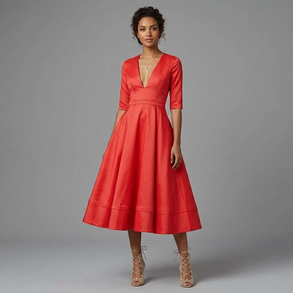 A woman modeling a bright coral-red midi dress with a V-neckline, elbow-length sleeves, and a flared skirt, paired with lace-up heeled sandals against a solid gray studio background.