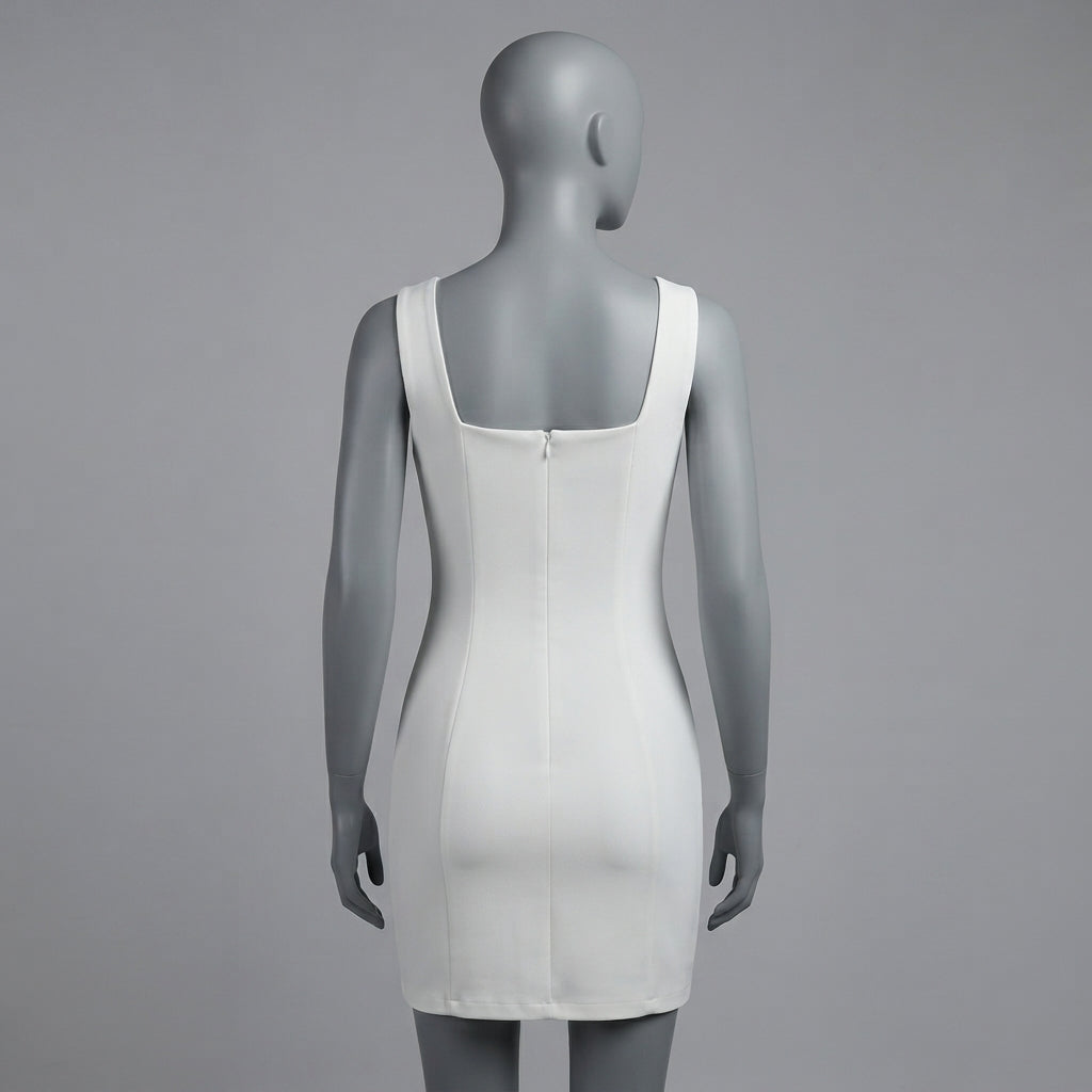 A white sleeveless bodycon mini dress shown from the back on a gray mannequin against a neutral gray background.