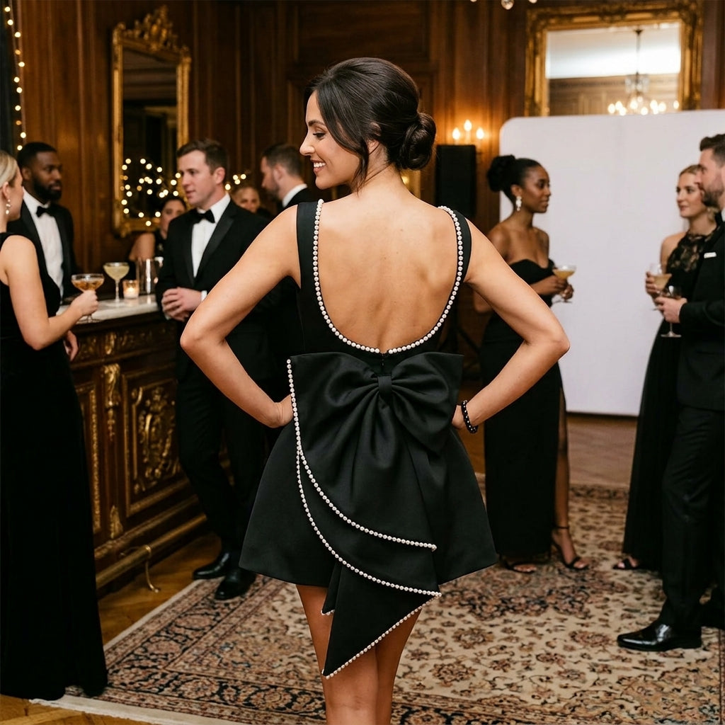 A woman wearing a black cocktail dress with a large bow and pearl trim stands with her back to the camera at a formal evening event in an ornate room.