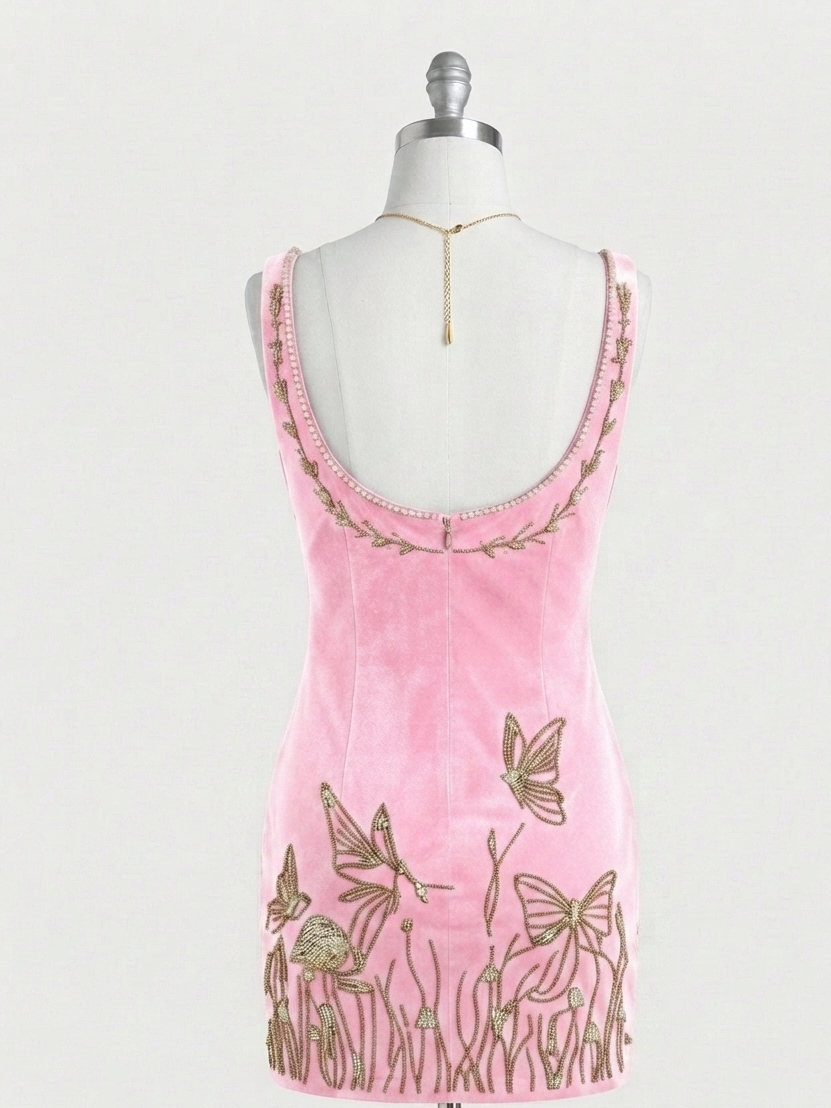 A pink velvet sleeveless dress displayed on a white mannequin torso, featuring gold embroidered butterflies, dragonflies, and grass, with a scoop neckline and delicate bead trim.