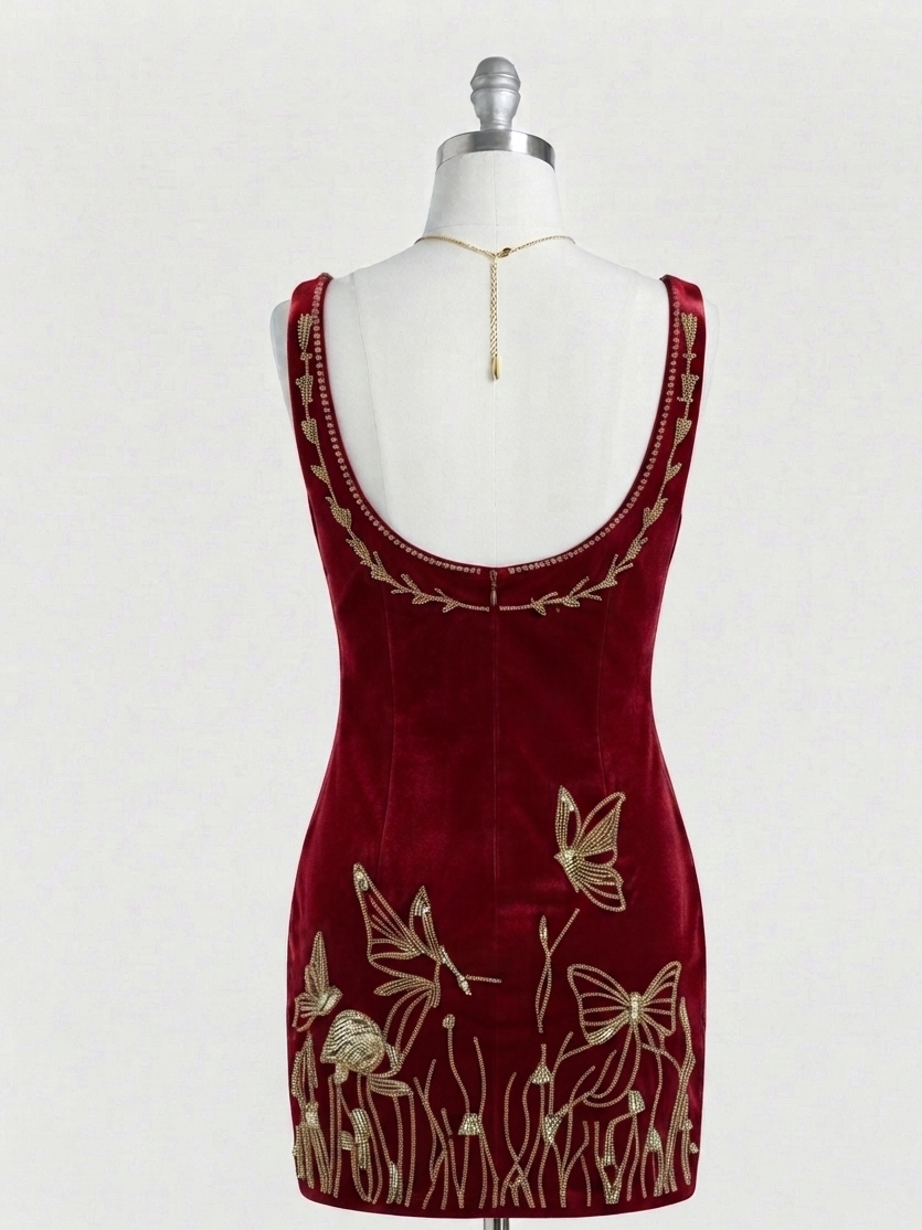 A sleeveless deep red velvet dress displayed on a white mannequin, featuring gold embroidered butterflies, flowers, and a leafy vine border around the scoop neckline.