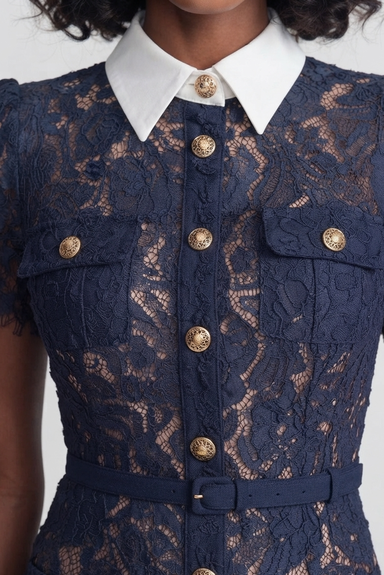 Close-up of a navy lace dress with a white pointed collar and gold-tone buttons, worn by a model.