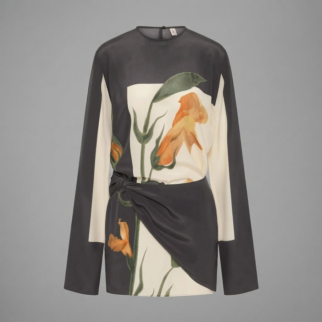 A long-sleeve wrap dress with a color-blocked design featuring dark charcoal gray and cream panels, decorated with a large orange and green floral print on the front, set against a solid gray background.