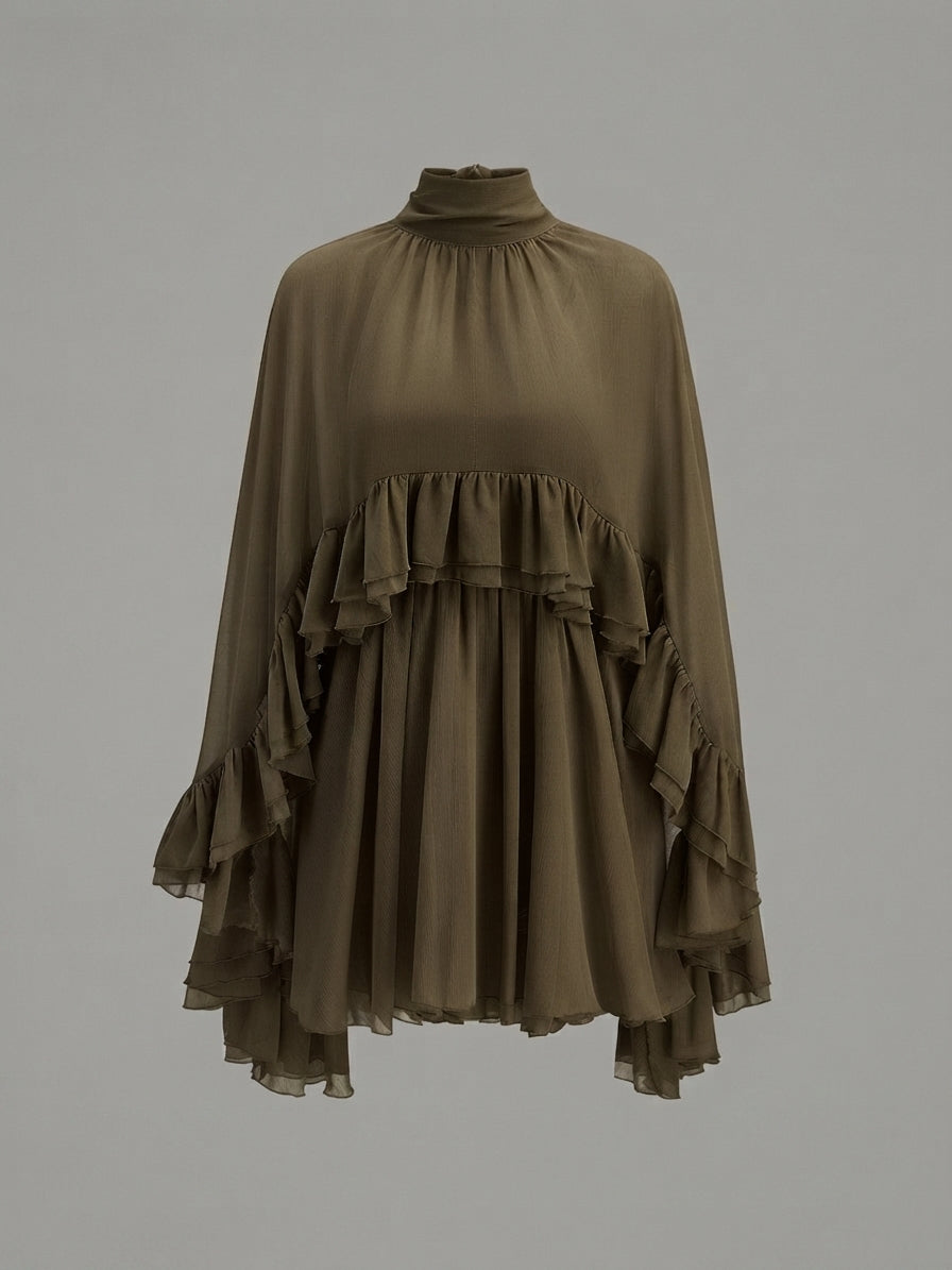 An olive brown high-neck blouse with layered ruffles and long draped sleeves, displayed on a neutral gray background.