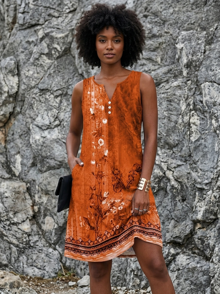 A woman with an afro hairstyle stands in front of a gray rock wall wearing a sleeveless orange dress with white floral embroidery and a button-down front. She is holding a black clutch bag.