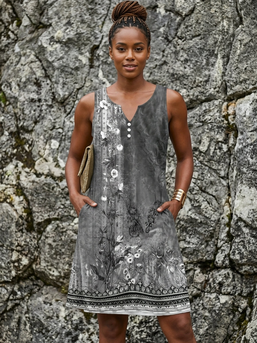 A woman wearing a sleeveless gray dress with black and white floral patterns and a buttoned neckline, standing in front of a textured gray rock wall.
