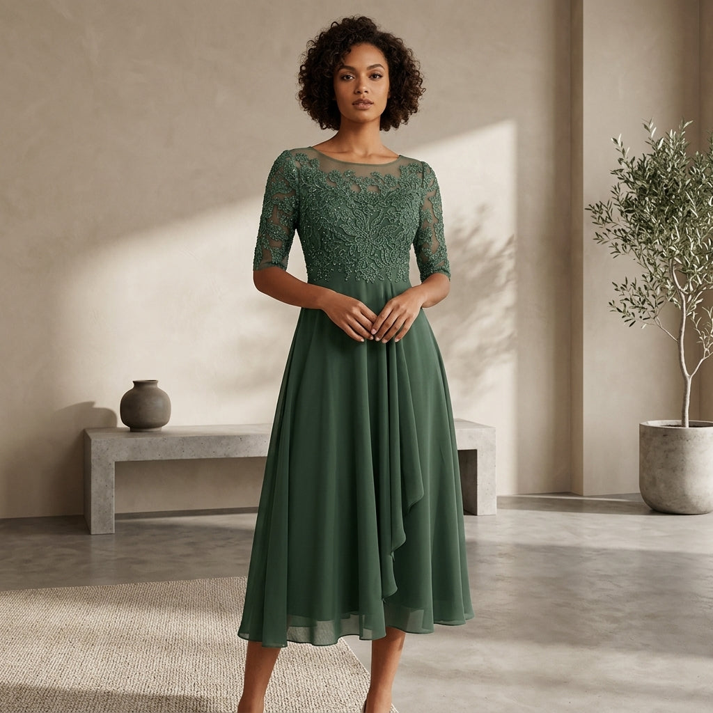 A woman stands indoors wearing a knee-length green dress with a lace bodice, sheer three-quarter sleeves, and a flowing chiffon skirt. The setting is a softly lit room with a bench, vase, and potted plant in the background.