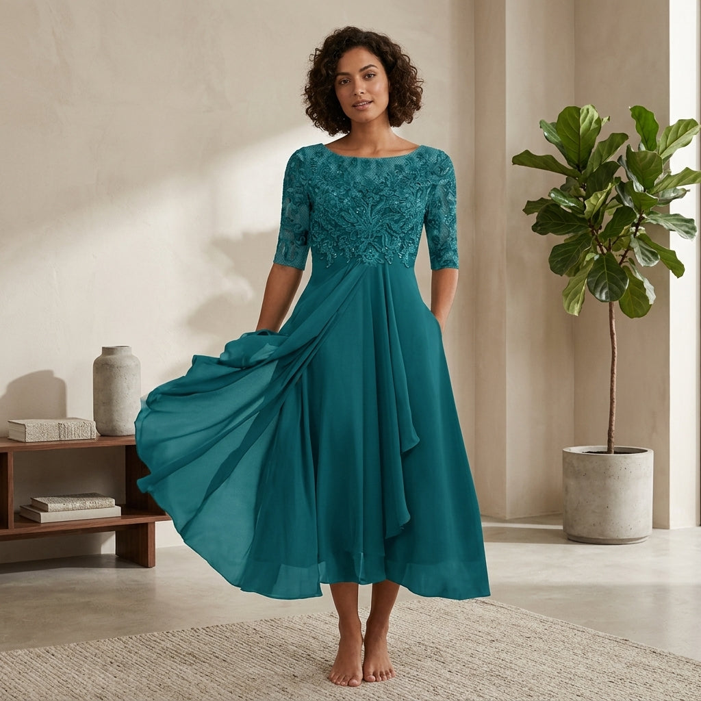 A woman stands barefoot indoors wearing a teal midi dress with lace embroidery on the bodice and sleeves, holding out the flowing skirt to show its drape. The room has a neutral beige wall, a small wooden side table with books and a vase, and a potted fiddle-leaf fig plant.
