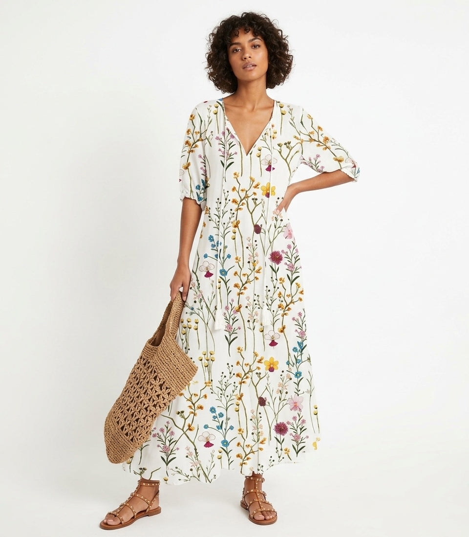 a woman wears a unique floral pattern dress holding a hand bag against a white background
