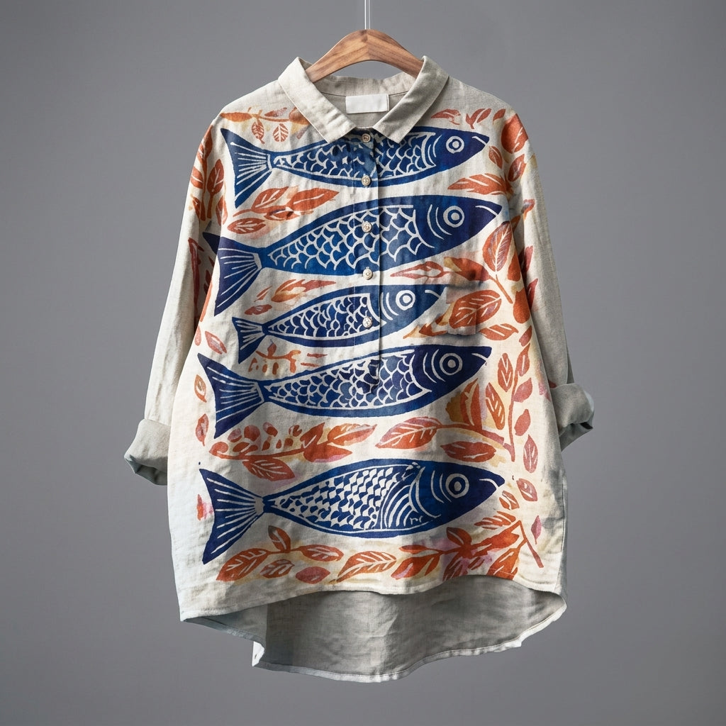A long-sleeve collared shirt hanging on a wooden hanger against a solid gray background. The shirt features a cream-colored base with a graphic print of five blue carp fish and orange-red leaves.