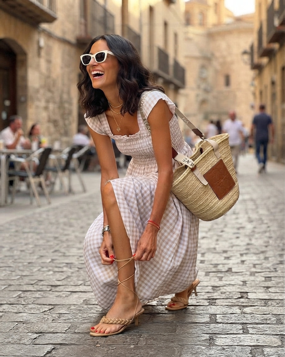 A woman crouches on a cobblestone street wearing a light pink and white gingham midi dress, white sunglasses, and carrying a woven straw shoulder bag with a brown leather patch.