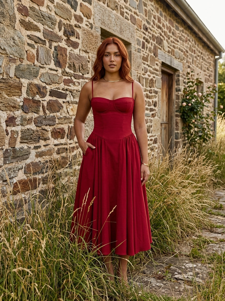 A woman wearing a sleeveless red midi dress with a fitted bodice and full skirt, standing outdoors in front of a rustic stone wall with tall grass.