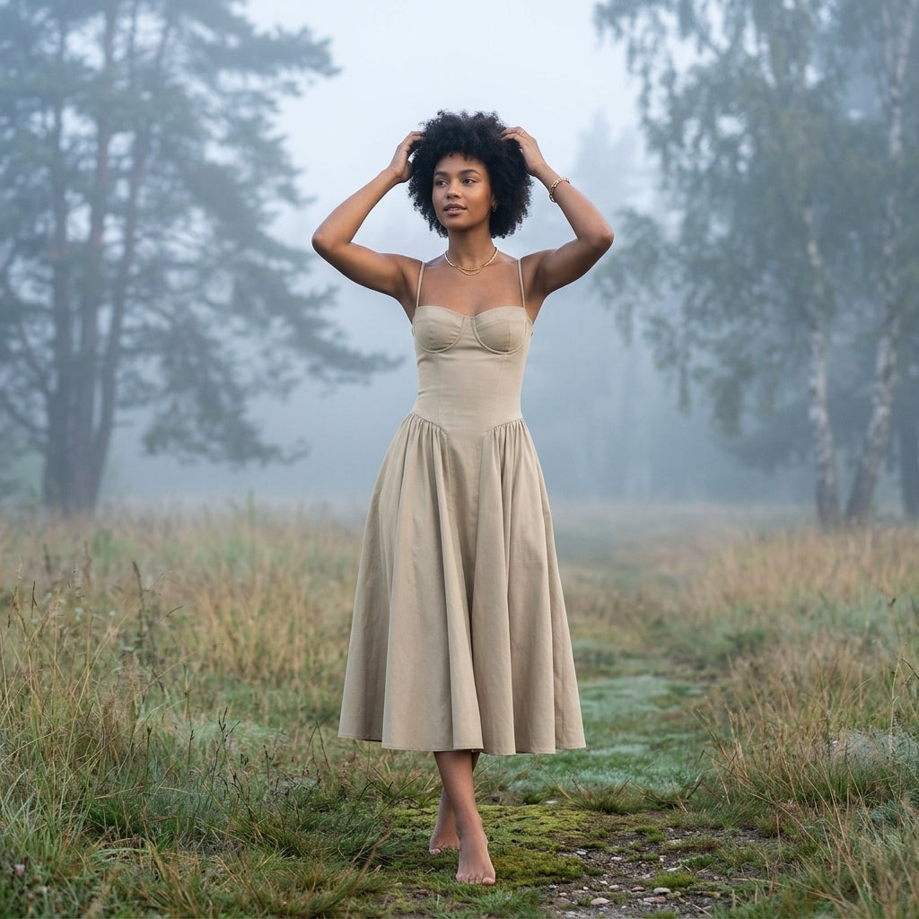 A woman stands barefoot on a grassy path in a misty outdoor field, wearing a sleeveless beige midi dress with a fitted bodice and full skirt.