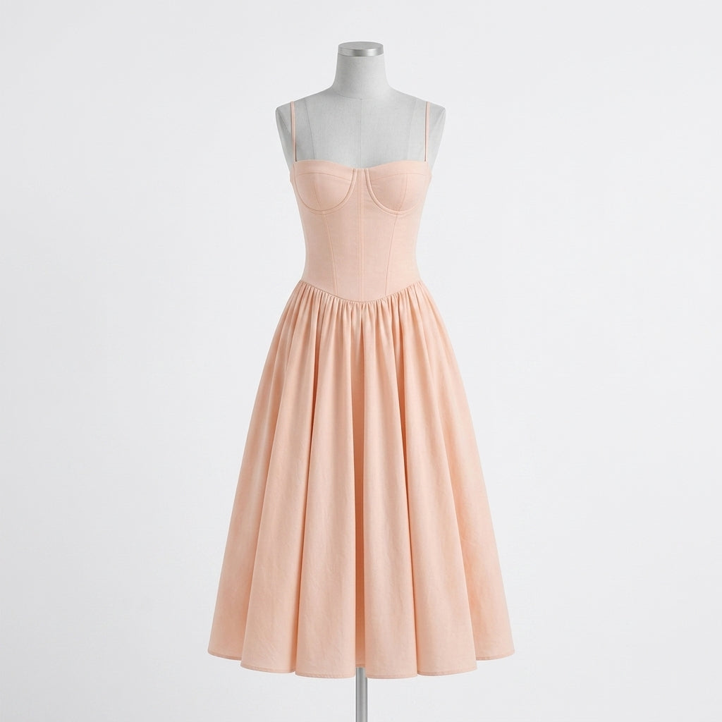 A light peach pink sleeveless dress with a structured corset-style bodice and a full, flared skirt, displayed on a gray dress form against a plain white background.