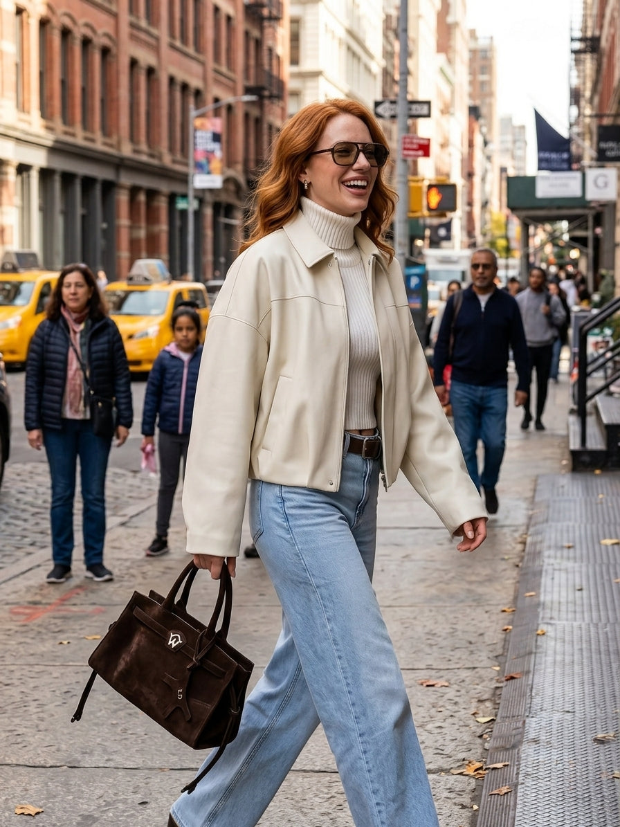 A woman walking on a city street wearing a cream leather jacket over a cream turtleneck, light blue jeans, and carrying a dark brown handbag.