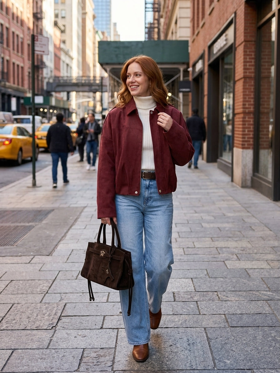 A woman walking on a city street wearing a burgundy suede bomber jacket, a white turtleneck, light blue jeans, and brown leather boots, while carrying a dark brown leather handbag.