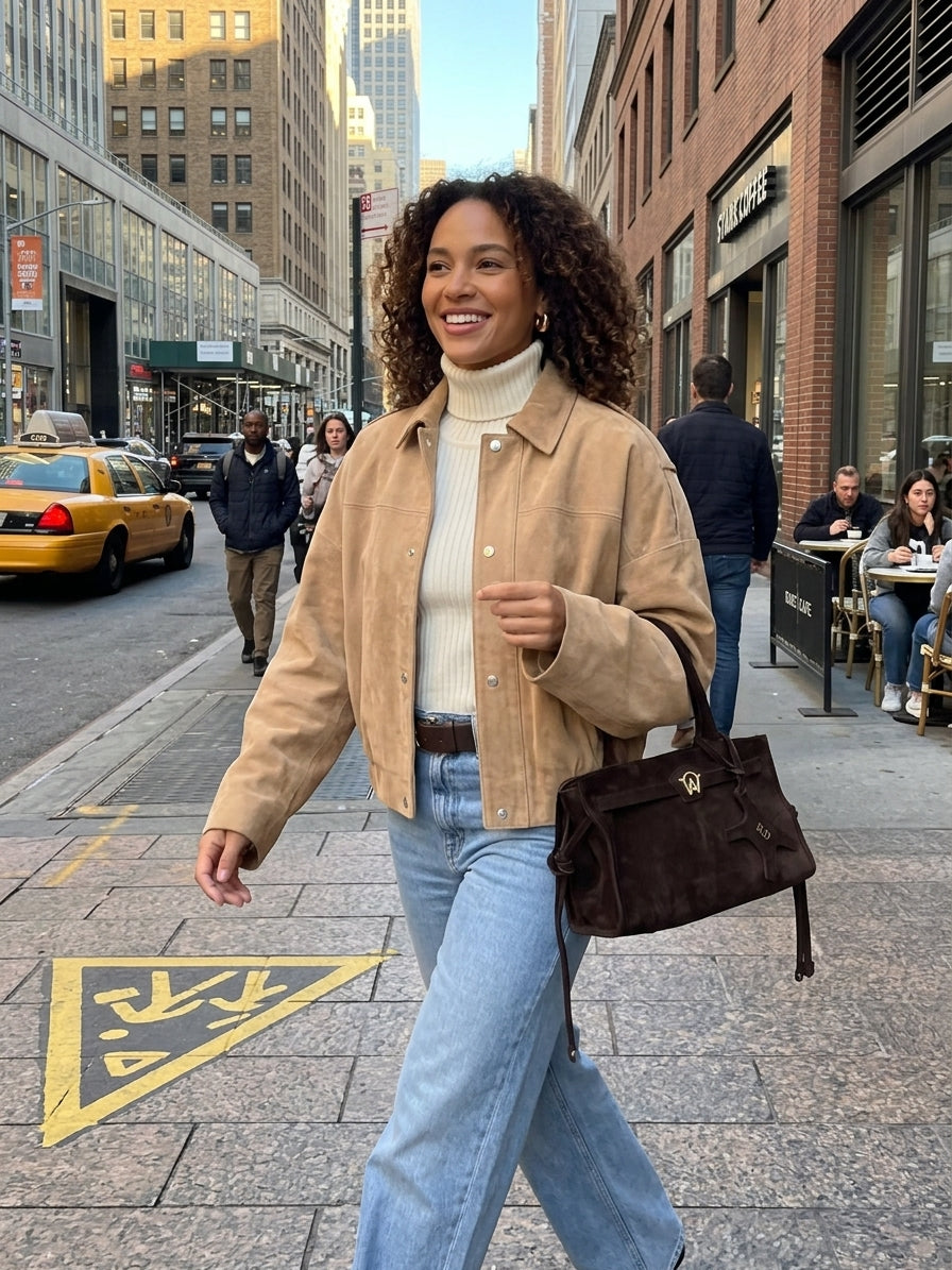 A woman walking on a city street wearing a beige suede jacket over a cream turtleneck, light blue jeans, and carrying a dark brown handbag.