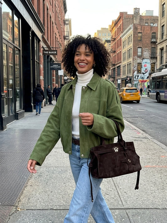 A woman walking on a city street wearing an olive green corduroy jacket over a white turtleneck, light blue jeans, and carrying a dark brown leather handbag.
