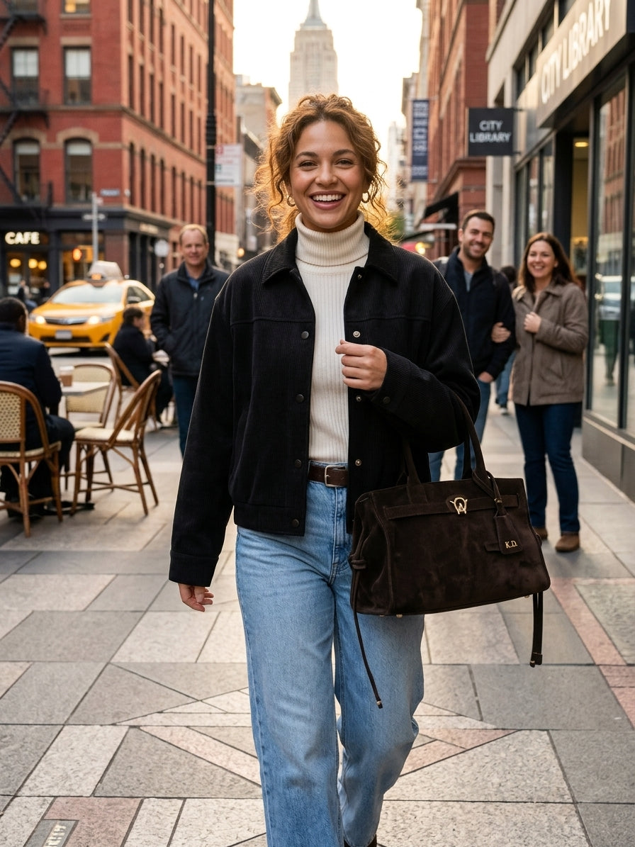 A woman walking on a city sidewalk wearing a black jacket, cream turtleneck, light blue jeans, and carrying a dark brown structured handbag.