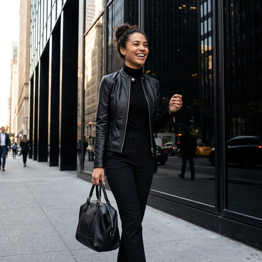 A woman walking on a city sidewalk wearing a black leather jacket, black turtleneck, black pants, and carrying a black handbag.