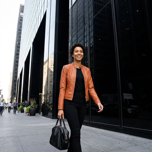 A woman walking on a city sidewalk wearing a cropped orange-brown leather jacket over a black top and black pants, carrying a black handbag. Modern glass skyscrapers line the street in the background.