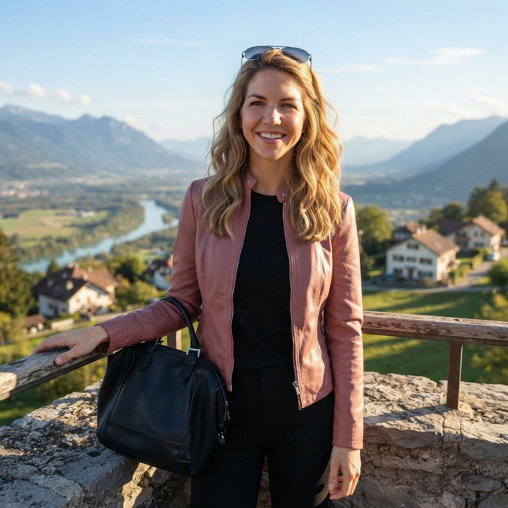 A smiling woman stands outdoors on a stone terrace overlooking a scenic valley with mountains, a river, and houses. She is wearing a dusty rose pink leather jacket over a black top and black pants, and carries a black shoulder bag.