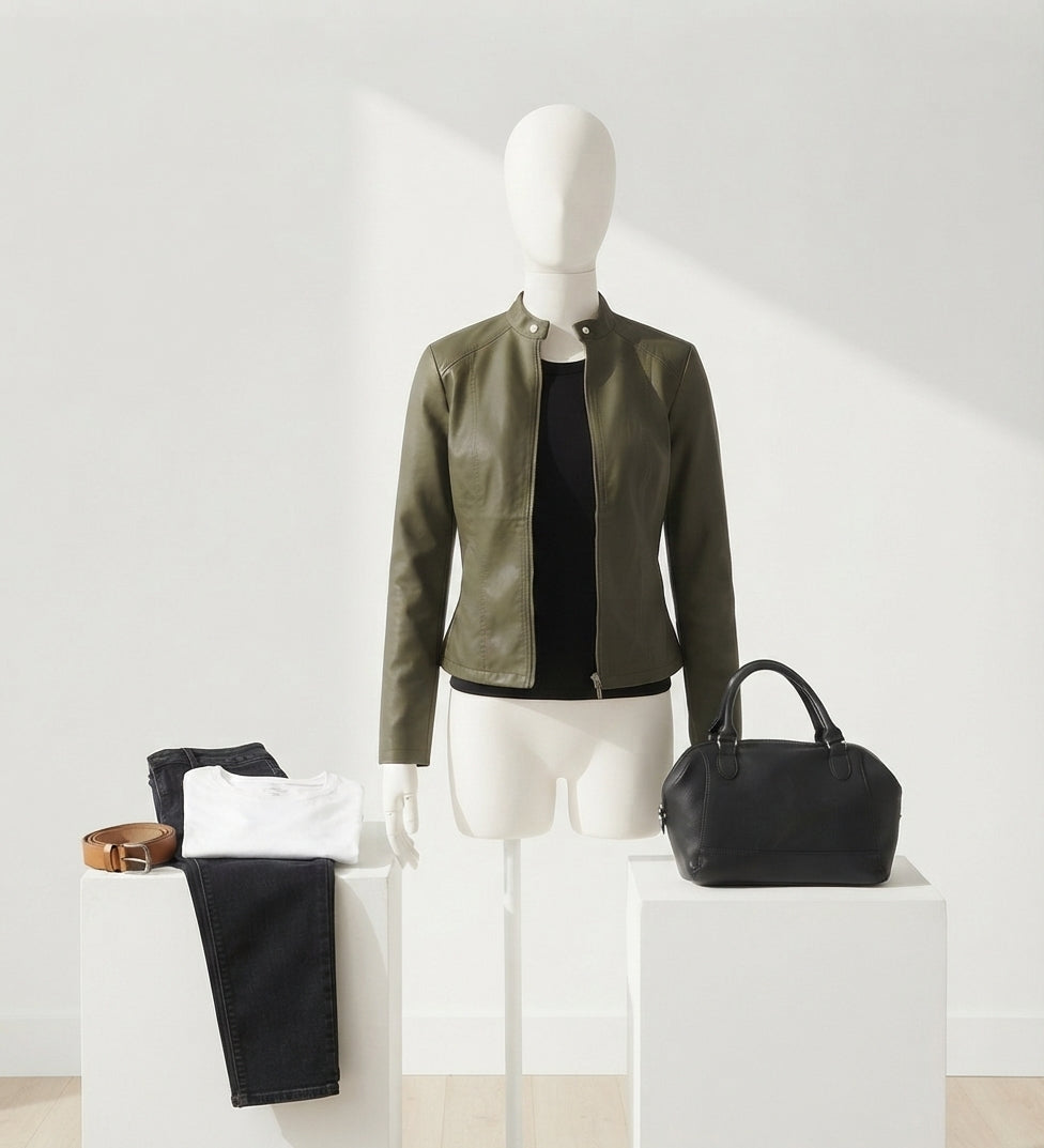 An olive green leather jacket displayed on a white mannequin torso, styled with a black top underneath. To the left, folded black pants with a white shirt and a brown belt rest on a white pedestal.