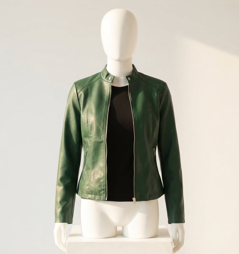 A dark green faux leather jacket displayed on a white mannequin torso, worn over a black top against a plain white background.