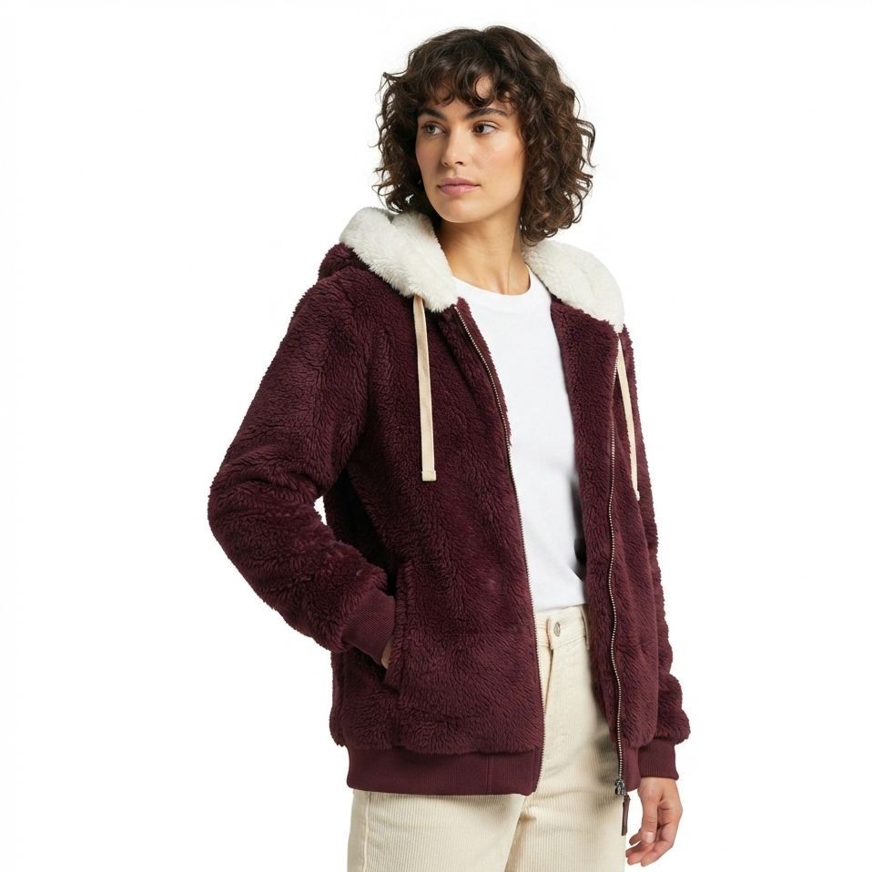 A woman wearing a plush sherpa zip-up hoodie in deep burgundy with a contrasting white faux-fur collar, styled over a white t-shirt and cream pants against a plain white background.
