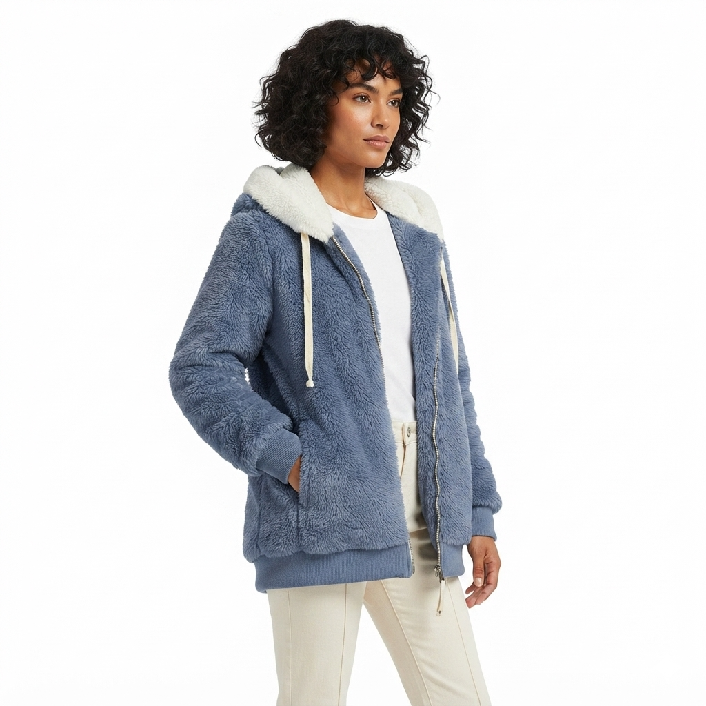 A woman wearing a dusty blue sherpa zip-up hoodie with a white sherpa-lined hood and drawstrings, styled over a white top and cream pants, against a plain white background.