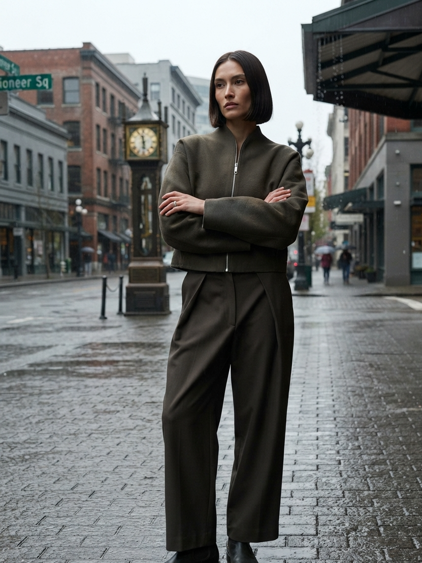A model stands on a wet city street wearing an olive green cropped zip-front jacket and matching wide-leg trousers with black boots. Buildings, a street clock, and storefronts are visible in the background.