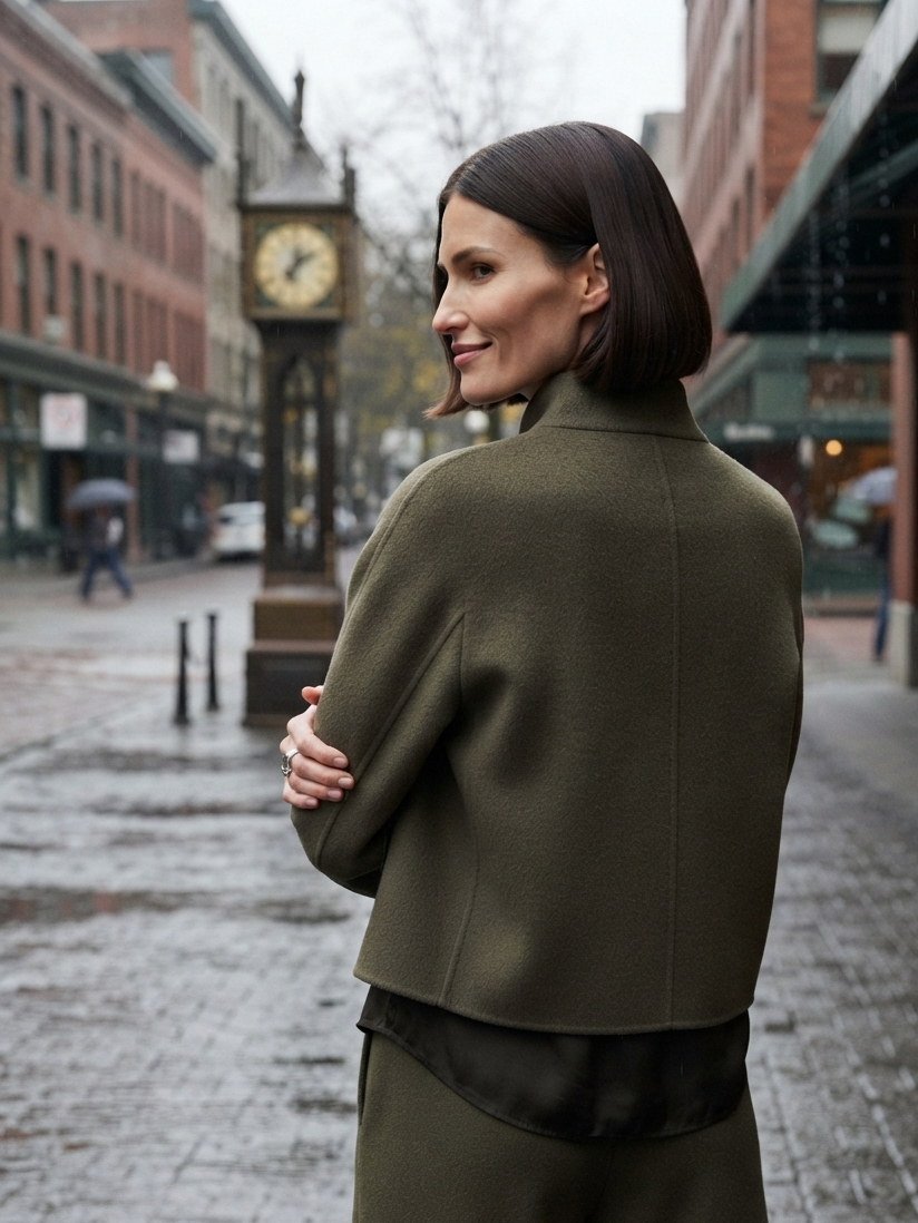 A woman with a dark bob haircut stands on a city street, photographed from behind and slightly to the side. She is wearing an olive green cropped jacket with a black waistband and matching olive green trousers.