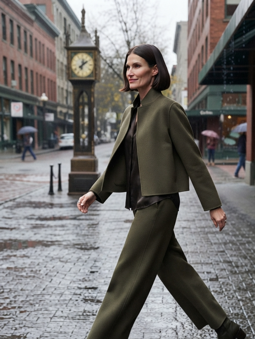 A woman walking on a wet city street wearing an olive green tailored set consisting of a cropped jacket and wide-leg trousers, over a black top.