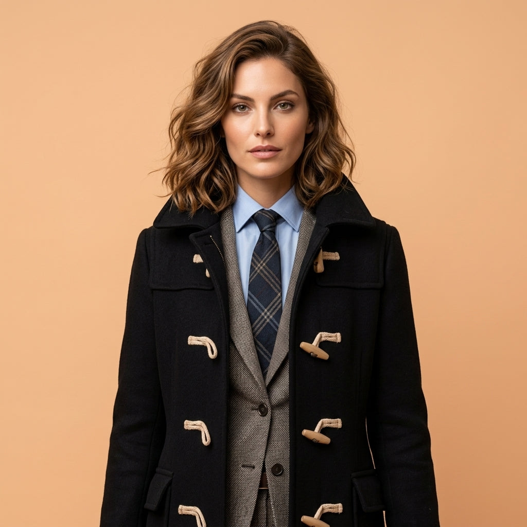 A woman wearing a black duffle coat over a gray blazer, light blue shirt, and blue plaid tie, posed against a solid peach-colored background.