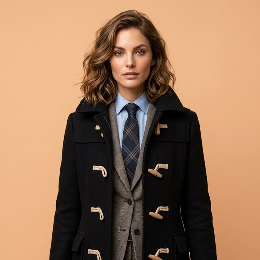 A woman wearing a black duffle coat over a gray blazer, light blue shirt, and blue plaid tie, posed against a solid peach-colored background.